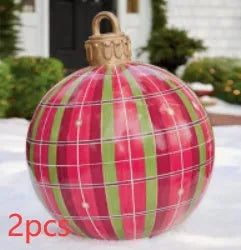 Large 60cm diameter inflatable PVC Christmas decoration ball in bright colours for outdoor use.