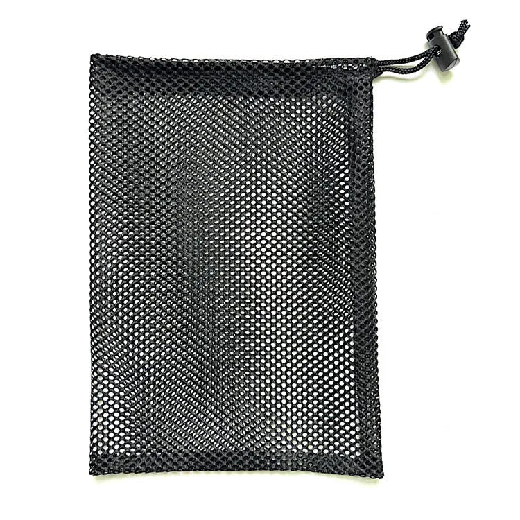Black drawstring mesh storage bag for children's water ball toys, shown open with a toy inside.