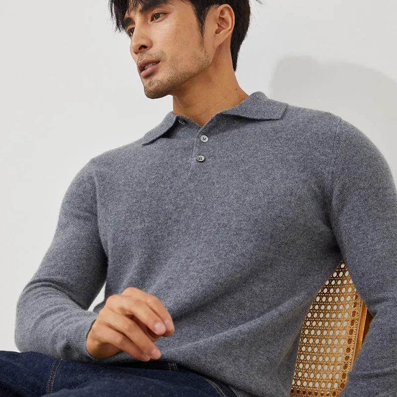 Men's cashmere pullover sweater with polo collar in loose fit showing colour options