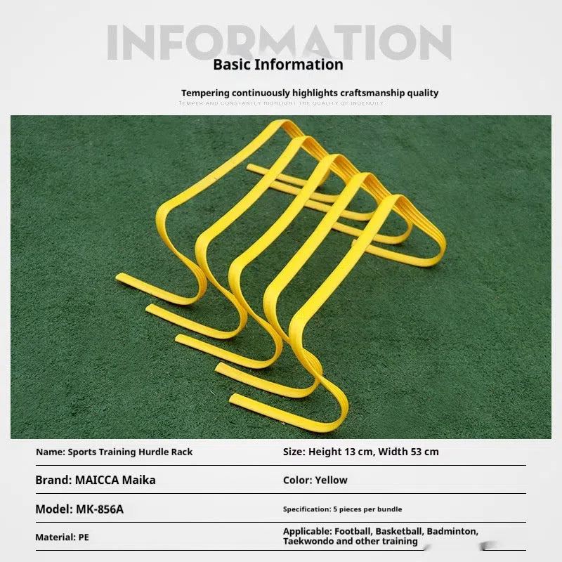 MAI CCA yellow U-shaped children's sports training hurdle on grass showing three height settings