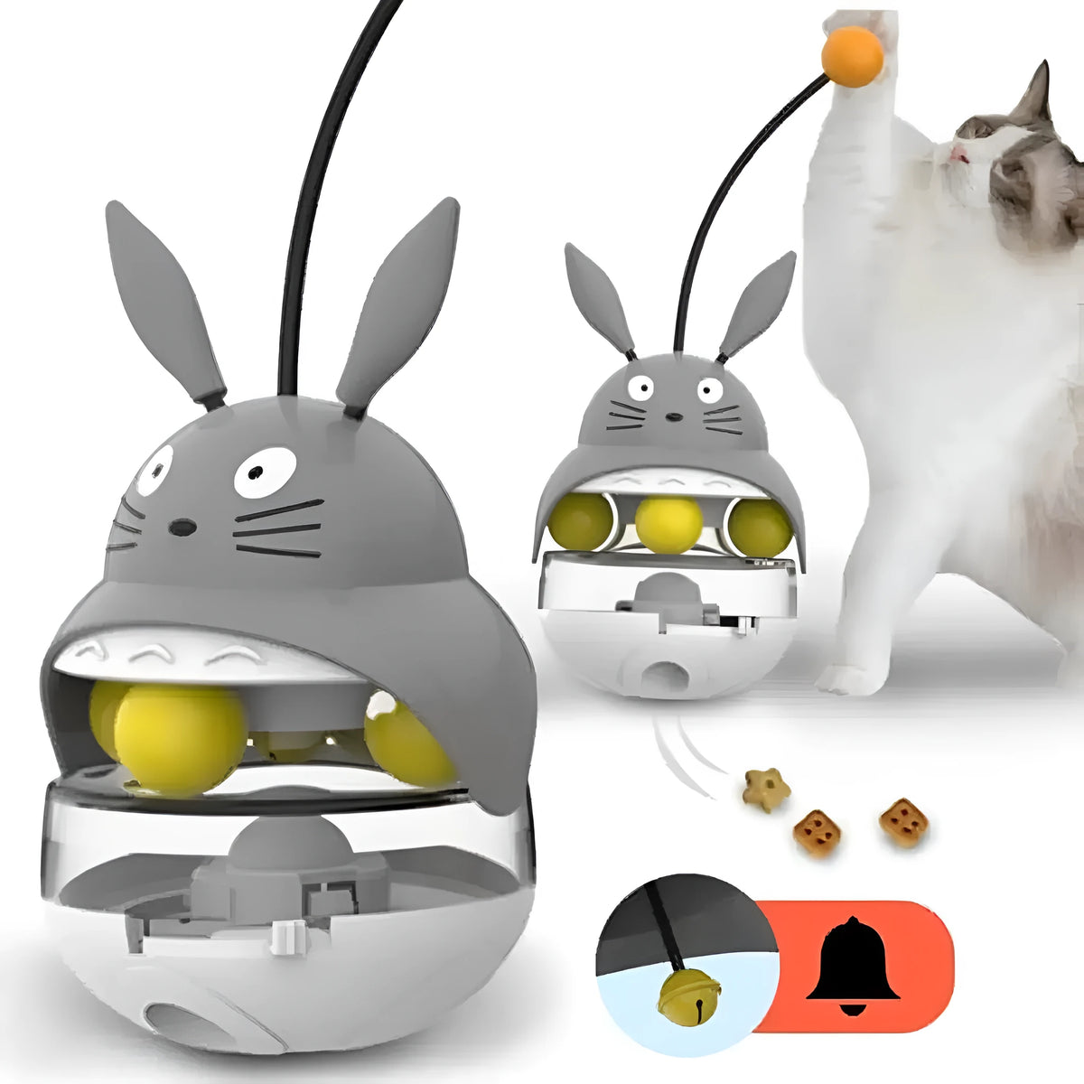 Interactive cat feeder toy treat dispenser with sounding bell in brown colour for indoor cat exercise
