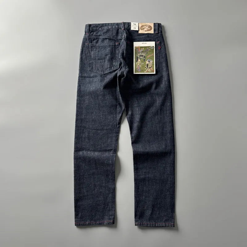 Men's straight-leg denim jeans in primary colour with mid waist and classic American retro style.