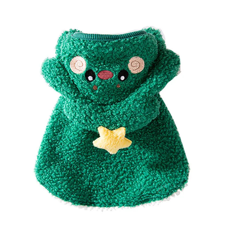 Brown cartoon elk design polyester cloak on a cat, showing the garment's fit and style.