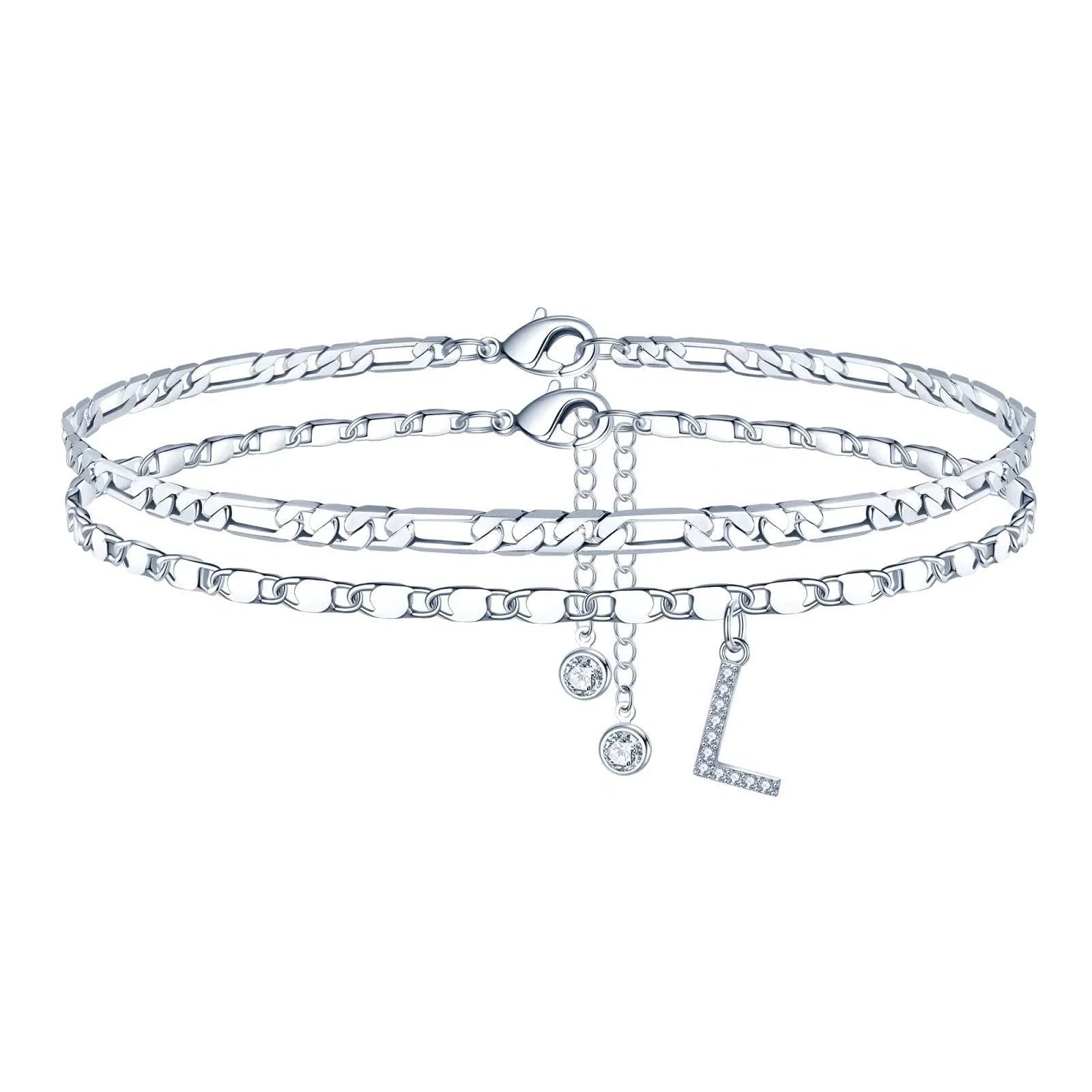 Copper double-circle bead anklet with silver colour finish showing customisable letter styling options