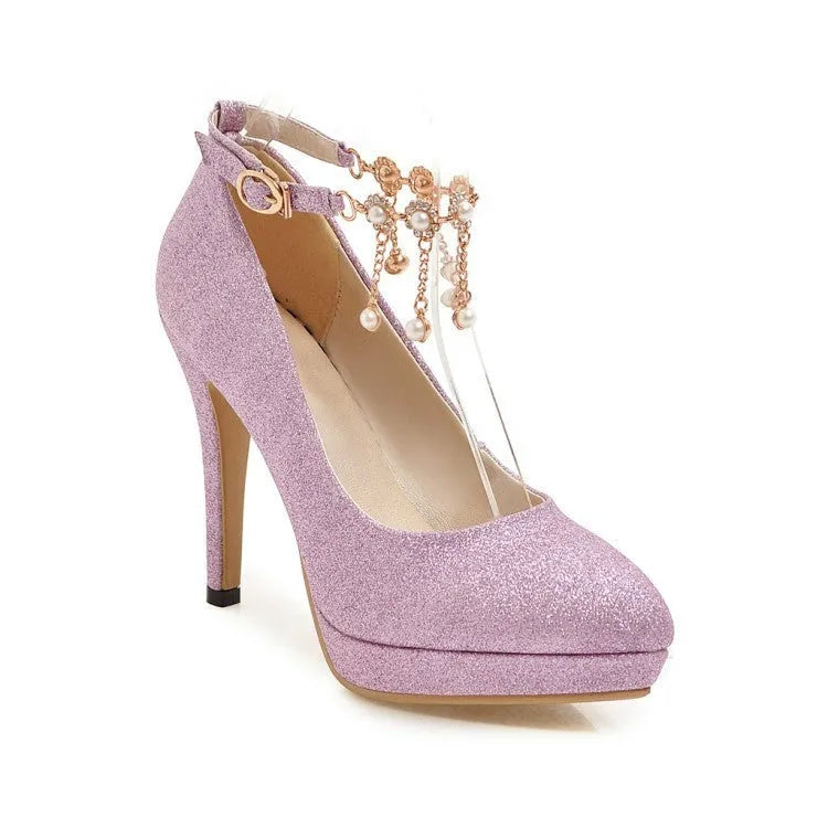 Women's blue platform high heels with a stiletto heel on a white background