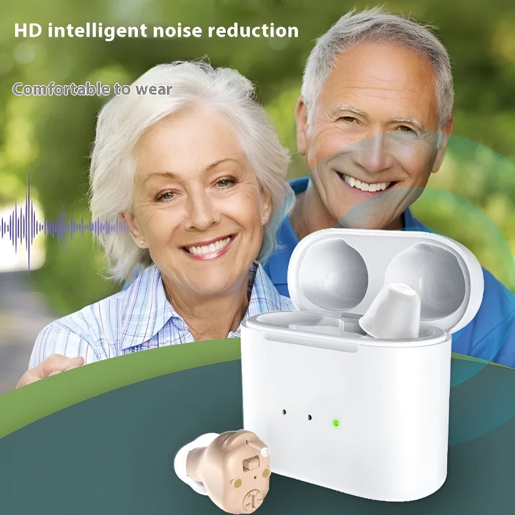 Invisible rechargeable noise reduction hearing aid in skin colour with within-ear fit