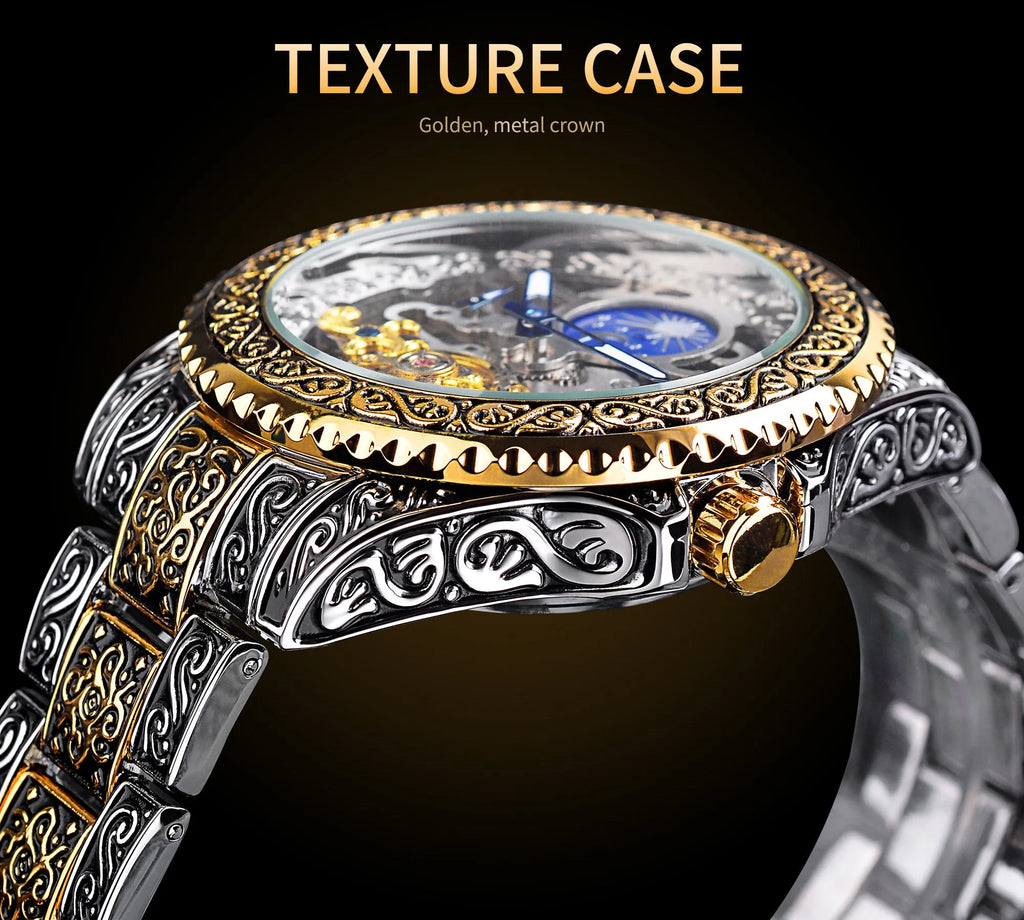 Forsining yellow stainless steel skeleton automatic mechanical watch showing carved tourbillon movement