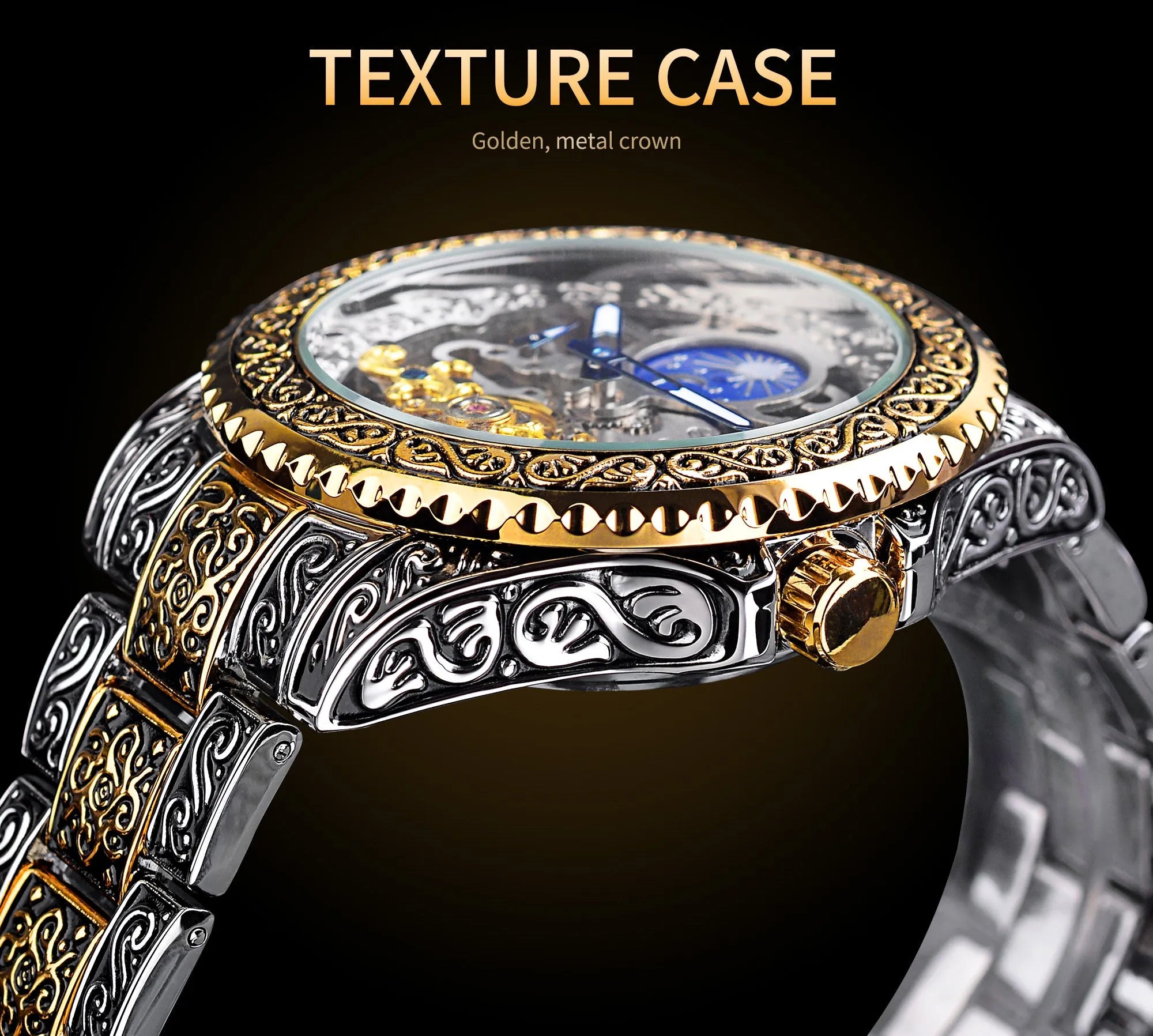 Forsining yellow stainless steel skeleton automatic mechanical watch showing carved tourbillon movement