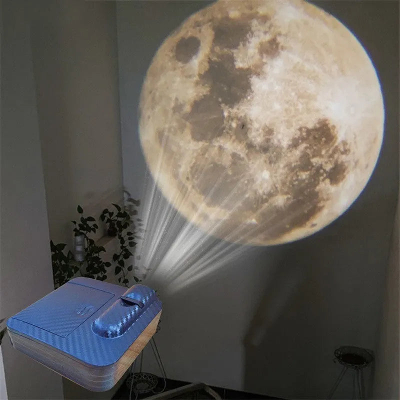 Aurora Moon Galaxy Projection Lamp in plastic casing with 6.1cm dimensions, battery-powered, projecting a galaxy pattern onto a wall.