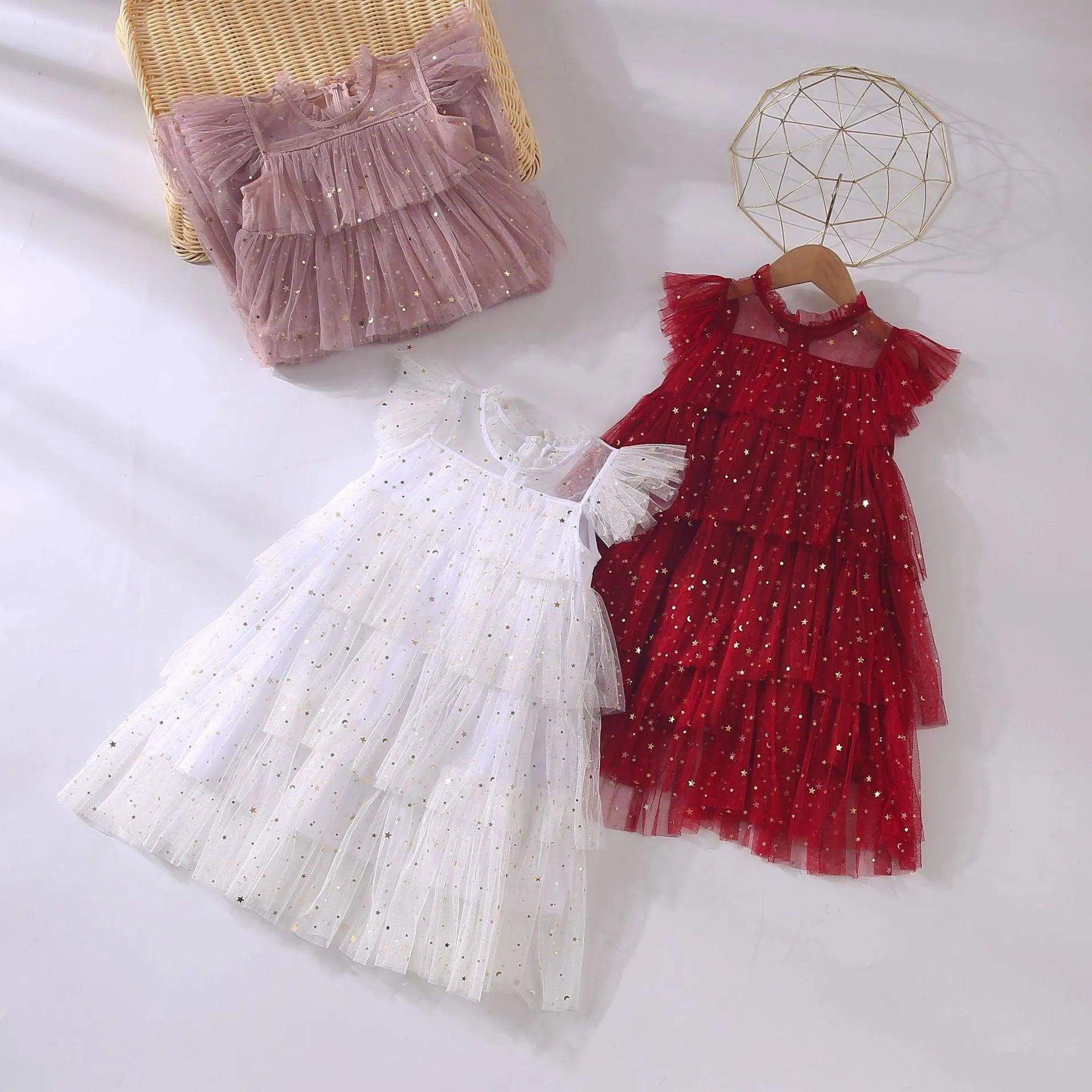Girls' sleeveless fairy princess dress with star sequins and cake pattern, available in multiple colours and sizes 80-160cm