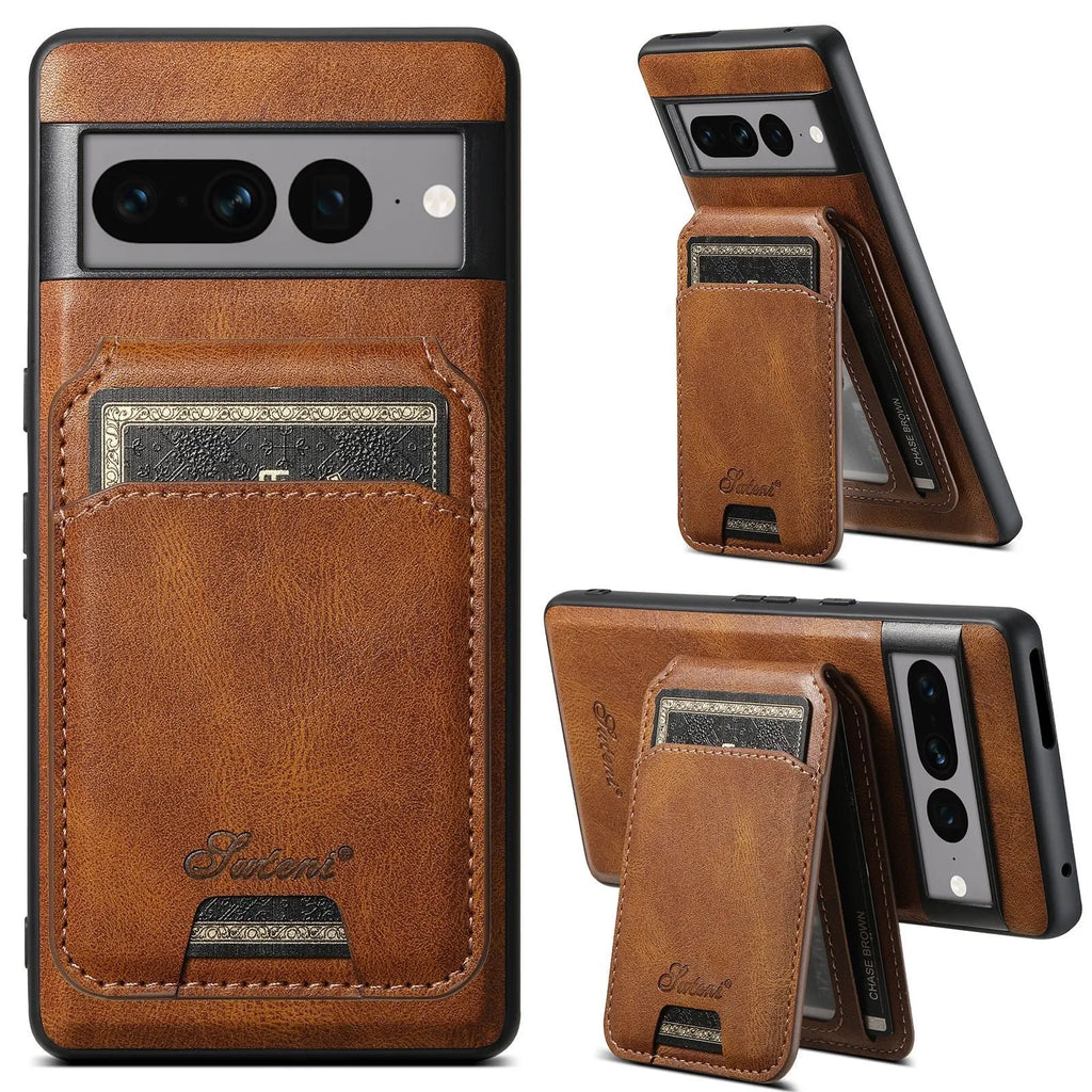 Handcrafted card-inserting magnetic phone case with stand in brown, back view showing card slot and magnetic closure, for Google Pixel 9 Pro XL