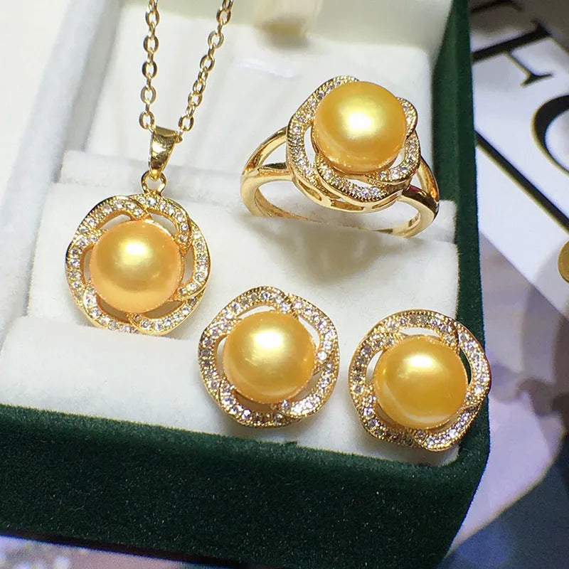 Freshwater pearl necklace, earrings, and ring set in white 8-9mm pearls with box and chain