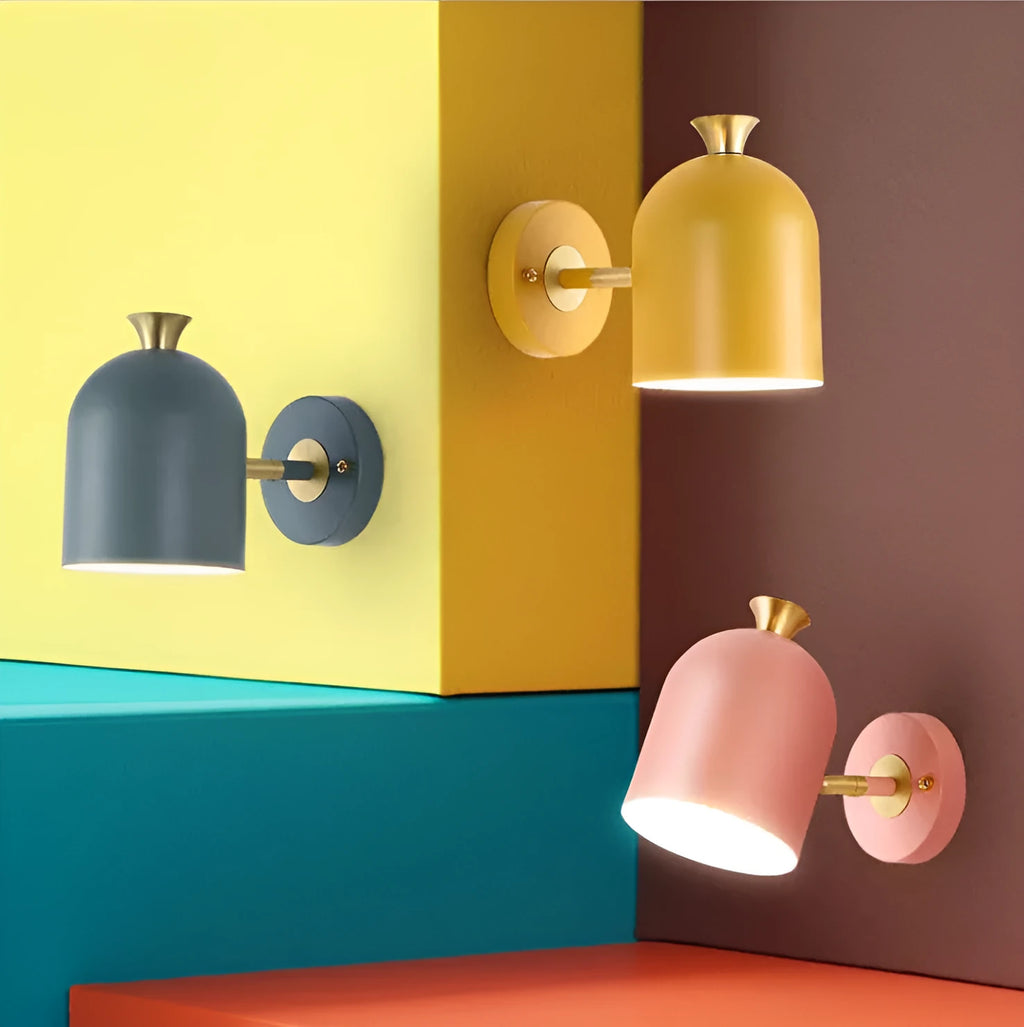 Single-head aluminium wall lamp in blue, green, pink, or yellow for bedside lighting.