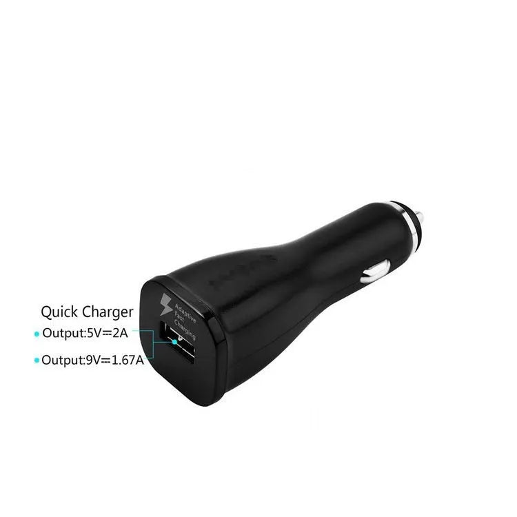 White QC2.0 single port USB car charger for fast charging smartphones and tablets in vehicles.