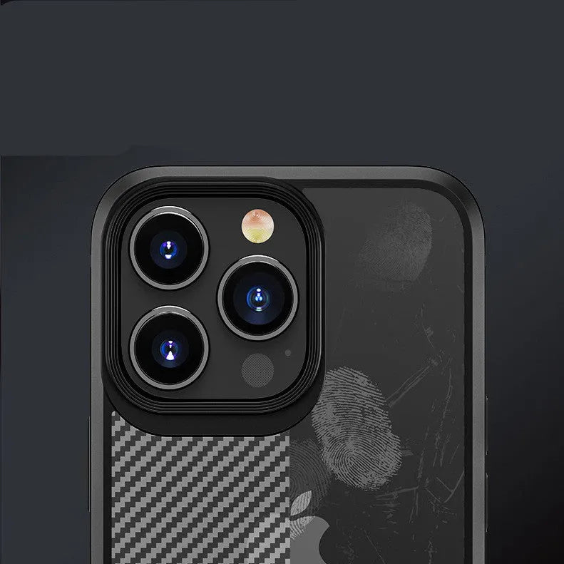 Black hybrid TPU and PC protective phone case with carbon fibre pattern for Apple iPhone 13 Pro model