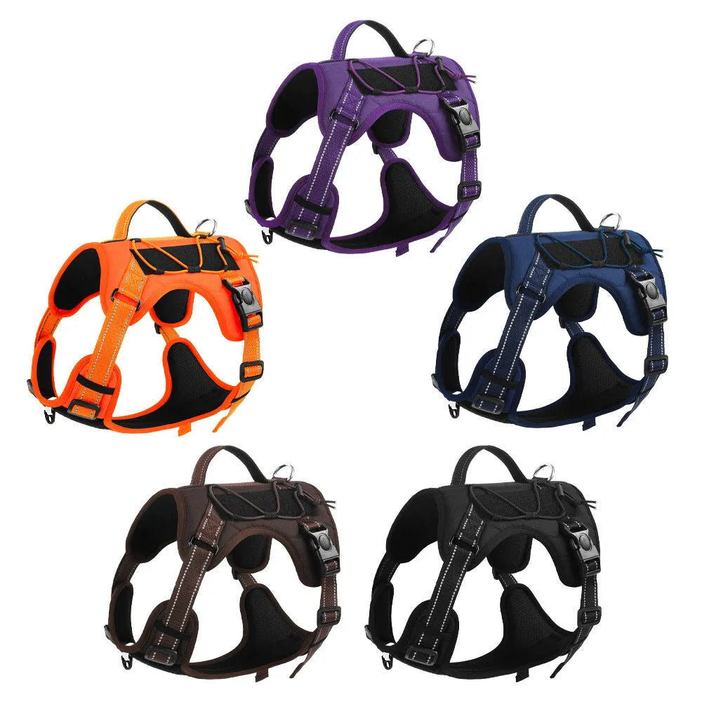Orange reflective dog vest harness with a black detachable hand-holding rope laid flat.