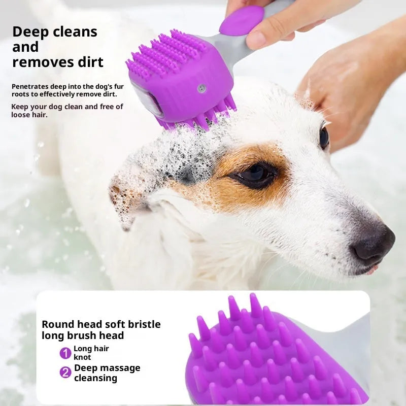 Purple silicone pet shower brush floating in water for dog bath, with body lotion included