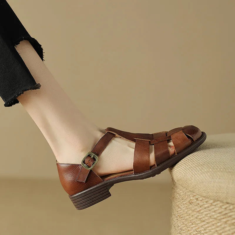 Women's round toe low heel leather retro Roman flat sandals in brown and black options