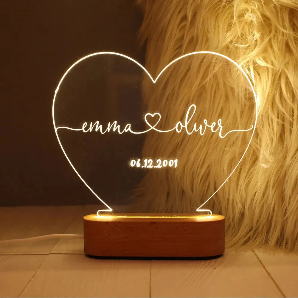 Transparent custom acrylic night light with personalised text, measuring 20cm by 11.5cm.