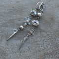 Geometric pendant drop earrings with antique silver finish and rhinestone detailing