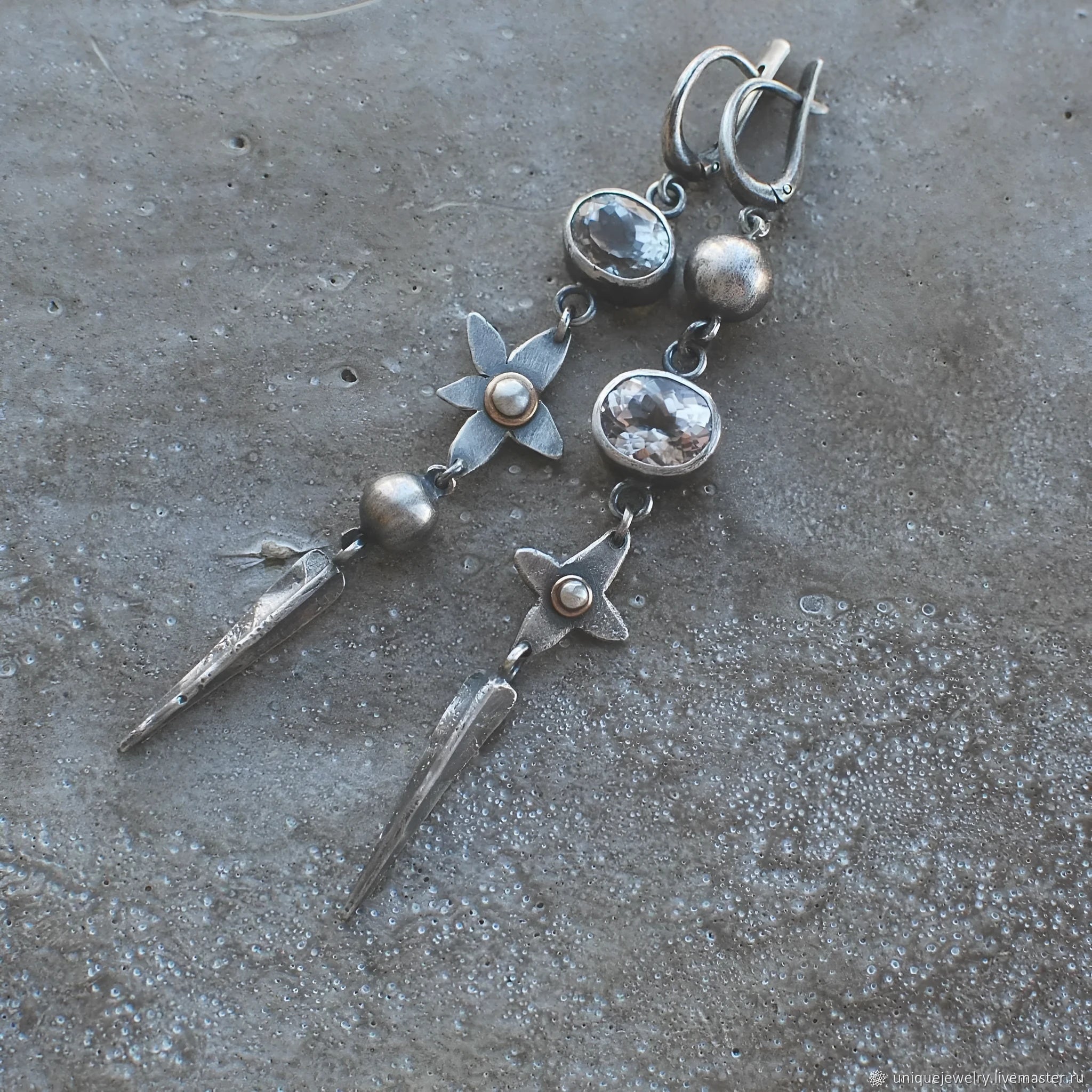 Geometric pendant drop earrings with antique silver finish and rhinestone detailing