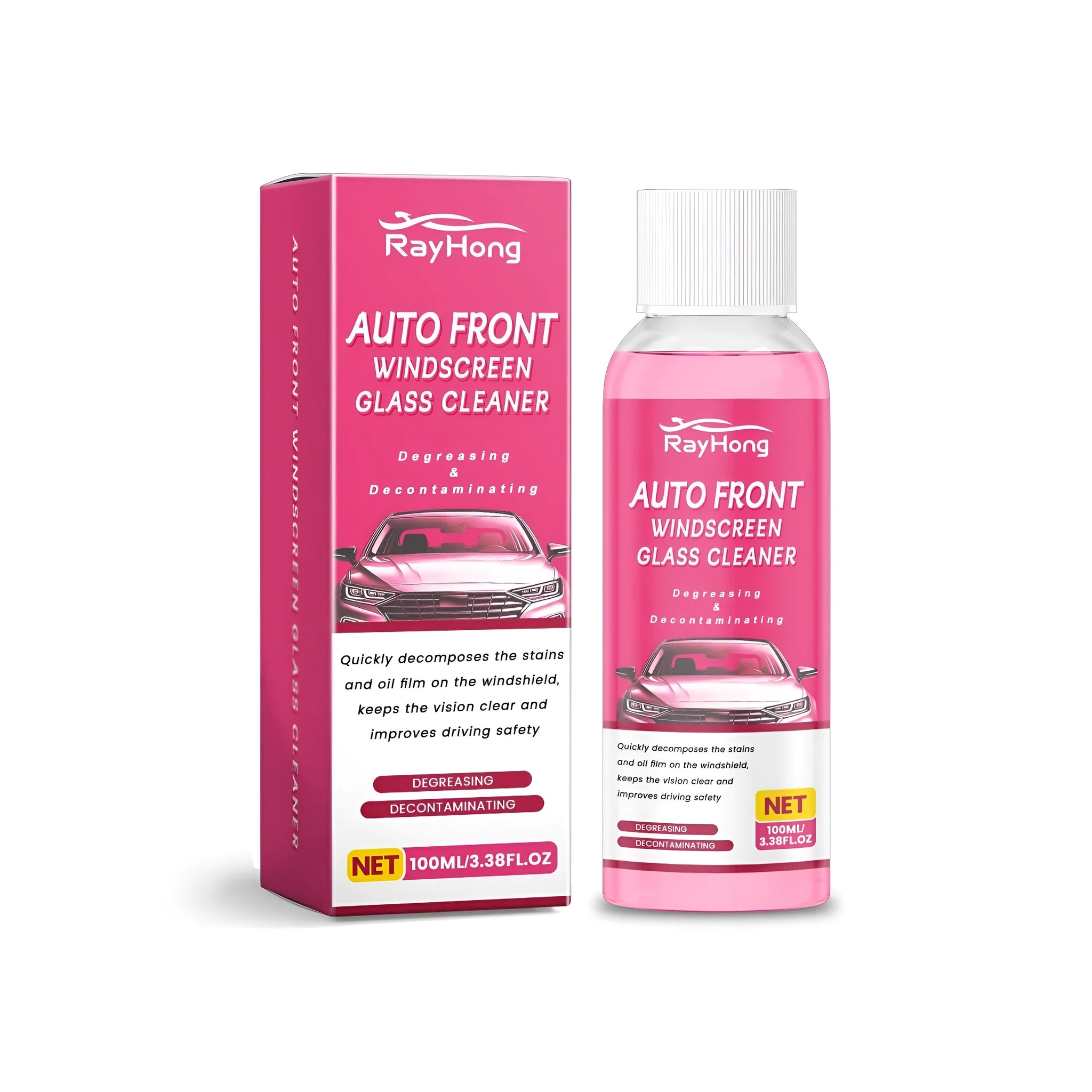 Auto front windscreen glass cleaner in 100ml spray bottle with cleaning agent label