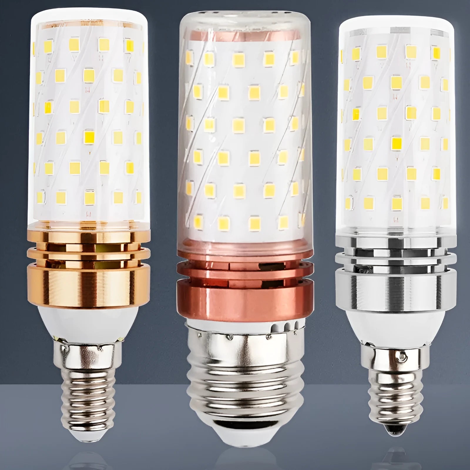 E14 screw cap LED corn light bulb with 60 beads, showing tricolour light options: warm, neutral, and white.