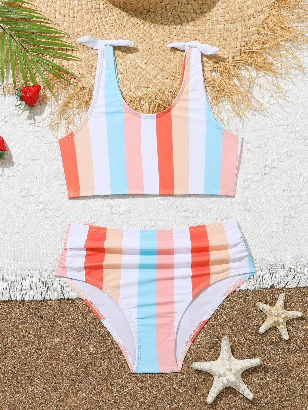 Girls' two-piece swimsuit set with plaid pattern briefs and bra top