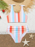 Girls' two-piece swimsuit set with plaid pattern briefs and bra top