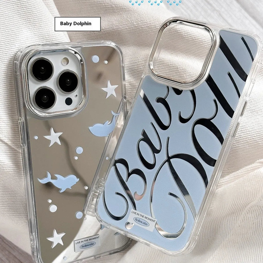 Transparent blue mirror iPhone case with JMKJ English letters showing frosted finish
