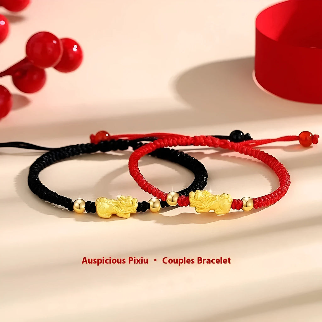 Hand-woven Swallowing Gold Beast couple's bracelet in black or red with three-dimensional decoration