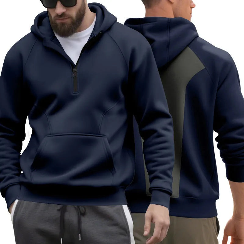 Men's loose fleece hooded zip sweatshirt with raglan sleeves in dark blue, black, army green, or iron grey, sizes S-XXXL