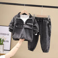 Boys' black denim two-piece suit set with long sleeves in Korean style