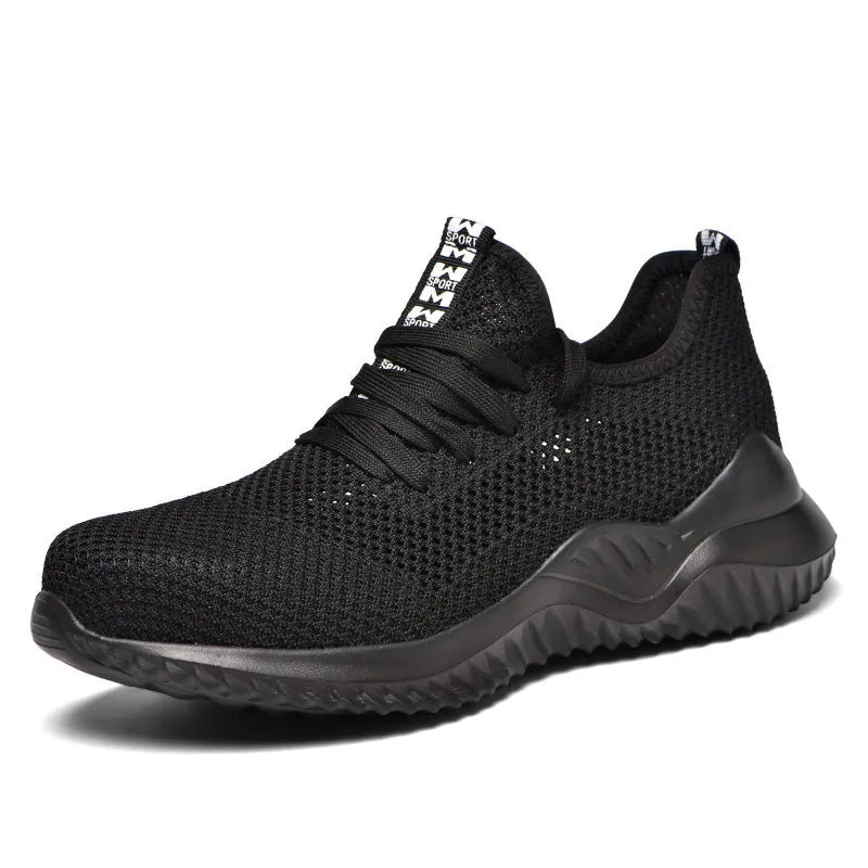 Black steel toe cap safety work shoes with a low-cut design and anti-static EVA sole.