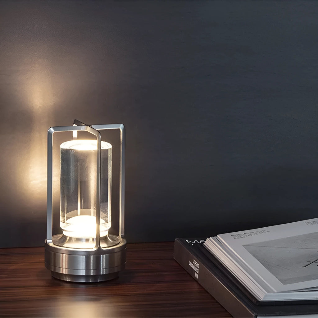 LED camping light with touch charging in black, aluminium and acrylic build, 3W power, 90x180mm size, on a wooden table