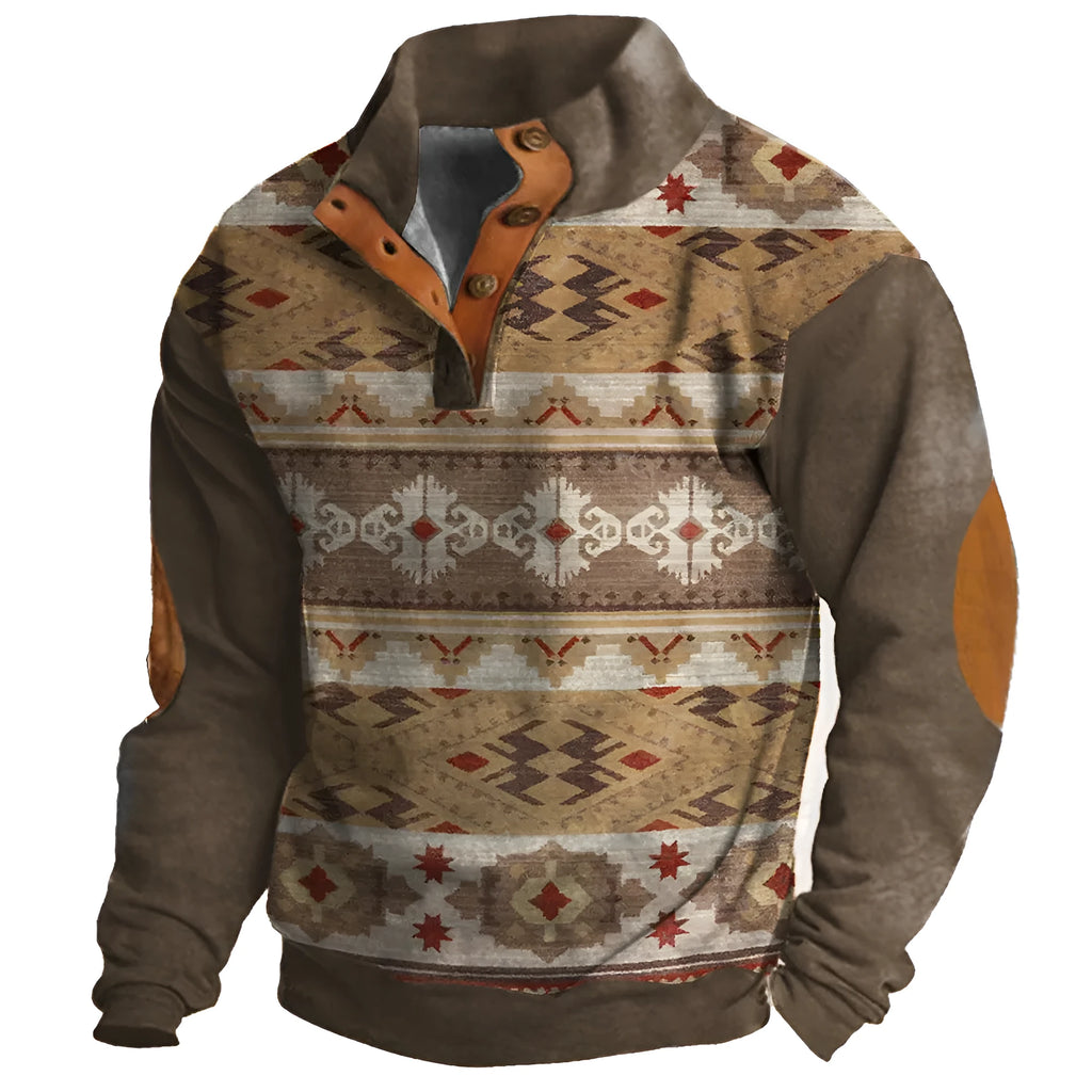 Teenager wearing a loose-fit long-sleeved sweater with a 3D digital print design and four buttons on the front.