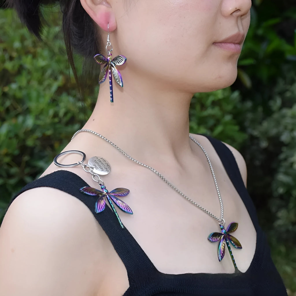 Colourful alloy rainbow dragonfly keychain with 60cm snake chain necklace and earrings set