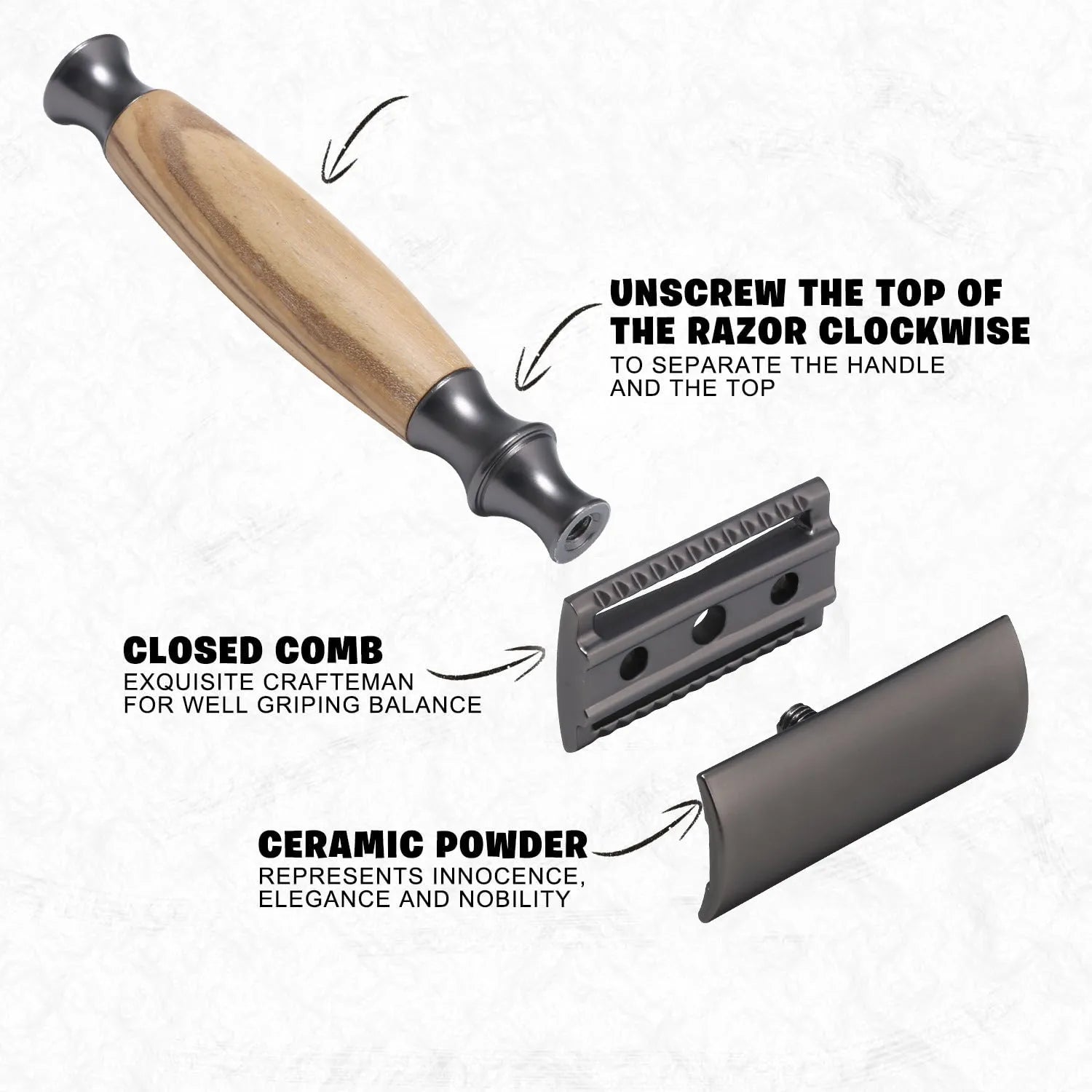 Men's copper manual shaving razor with olive wood handle and zinc alloy blades on razor holder