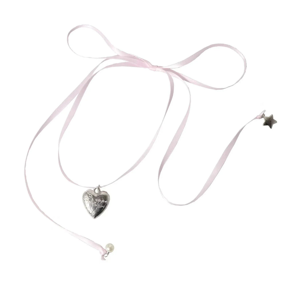 Women's silver-tone alloy necklace with ribbon love pendant on clavicle chain