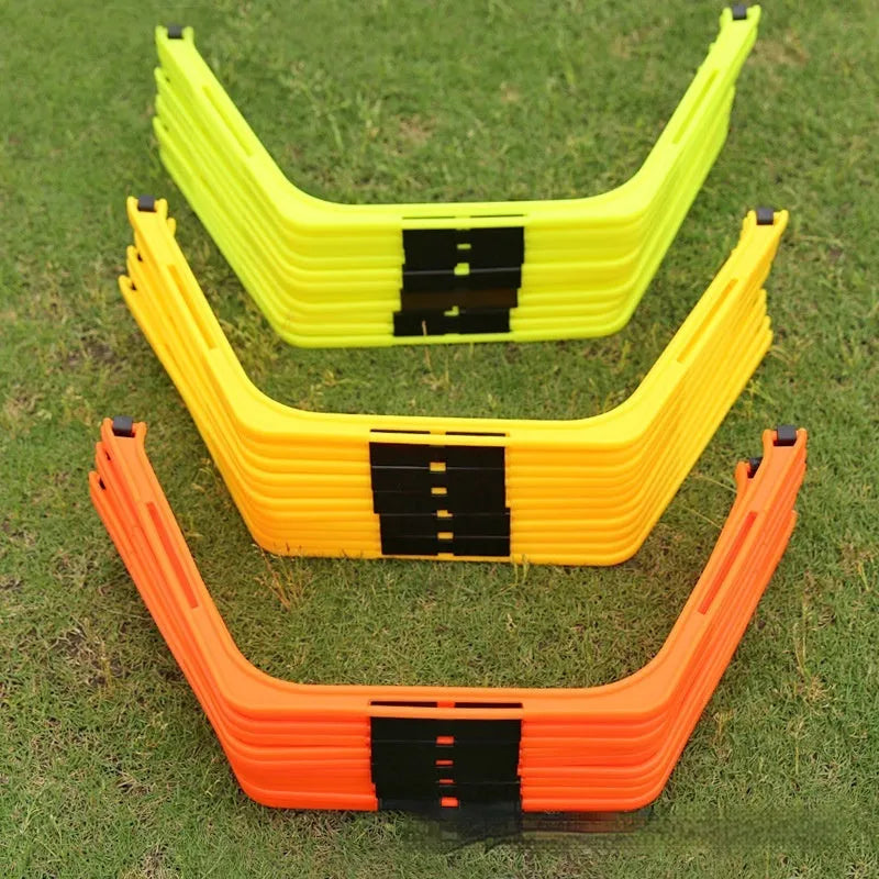 Set of six foldable hexagonal football agility training rings in yellow, green, and orange colours.