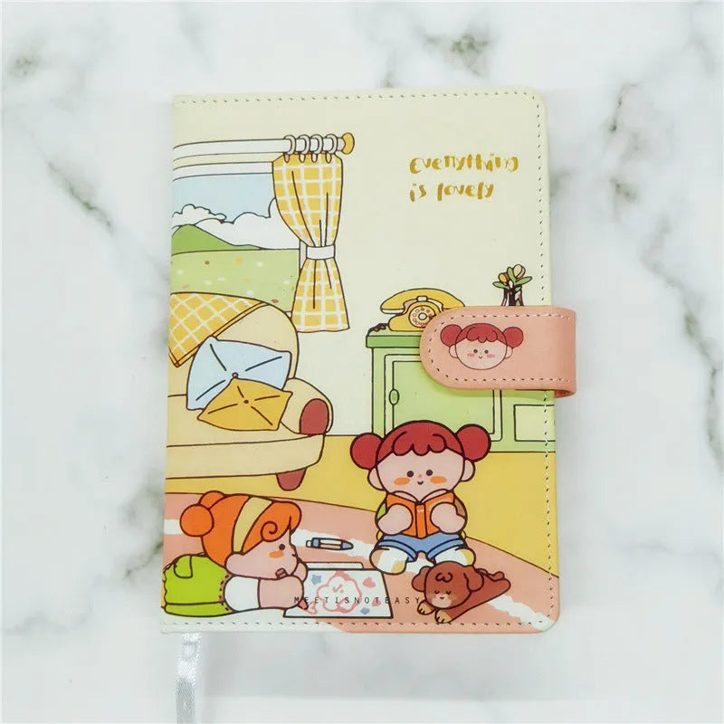 A5 paperbound notebook with thread binding, open to show flat lay, with choice of Eating Ice Cream, Reading, Traveling, or Outing cover designs.