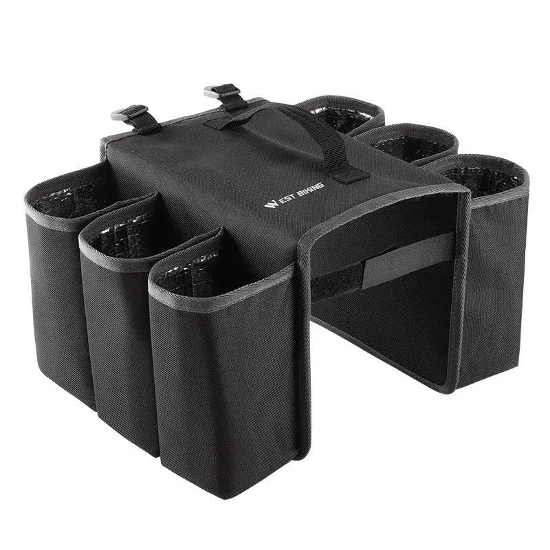 Black and orange bicycle double-sided anti-scratch shelf bag mounted on a bike frame.