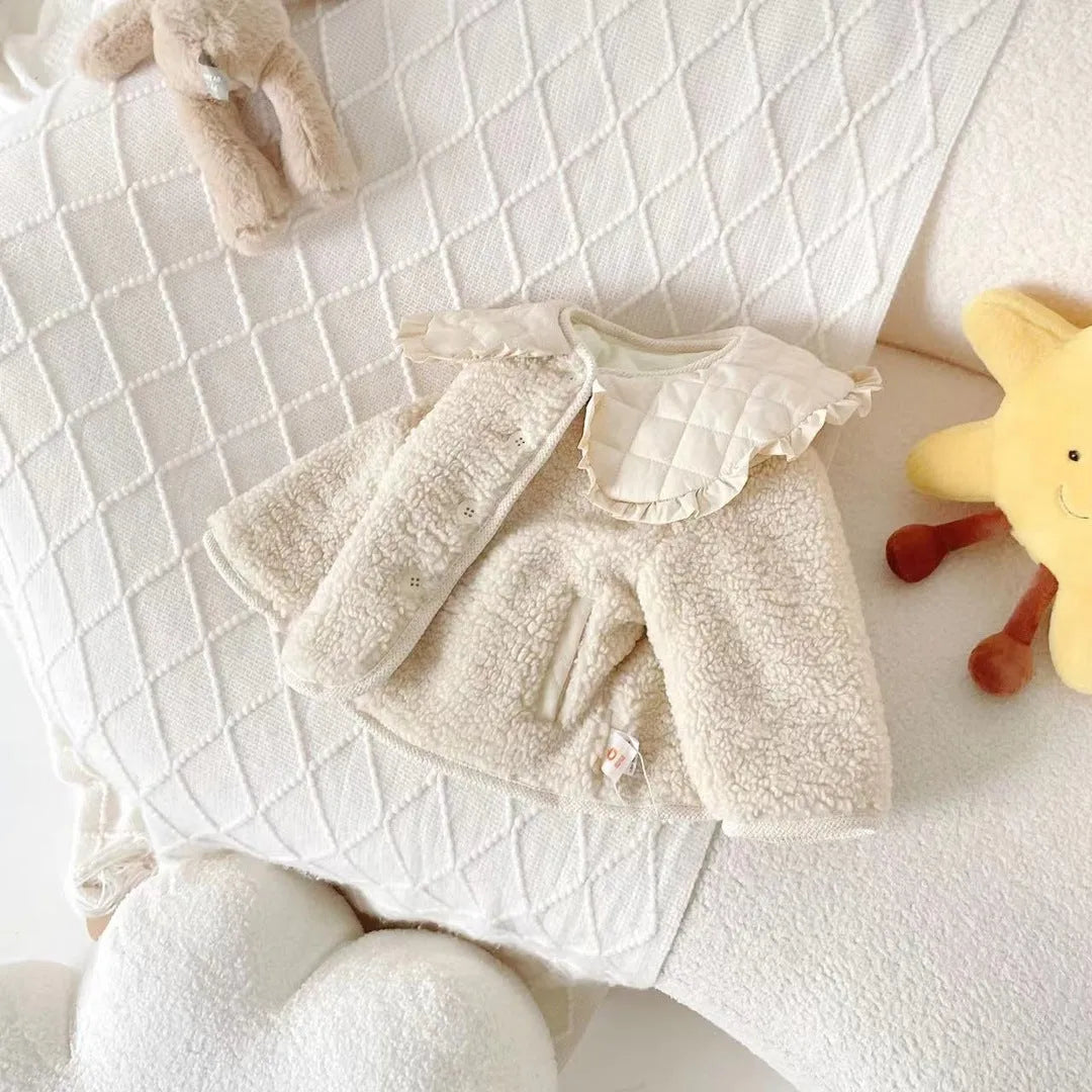 Fleece-lined children's jacket for boys, milky white, lapel design, single-breasted, suitable for 80-130cm height