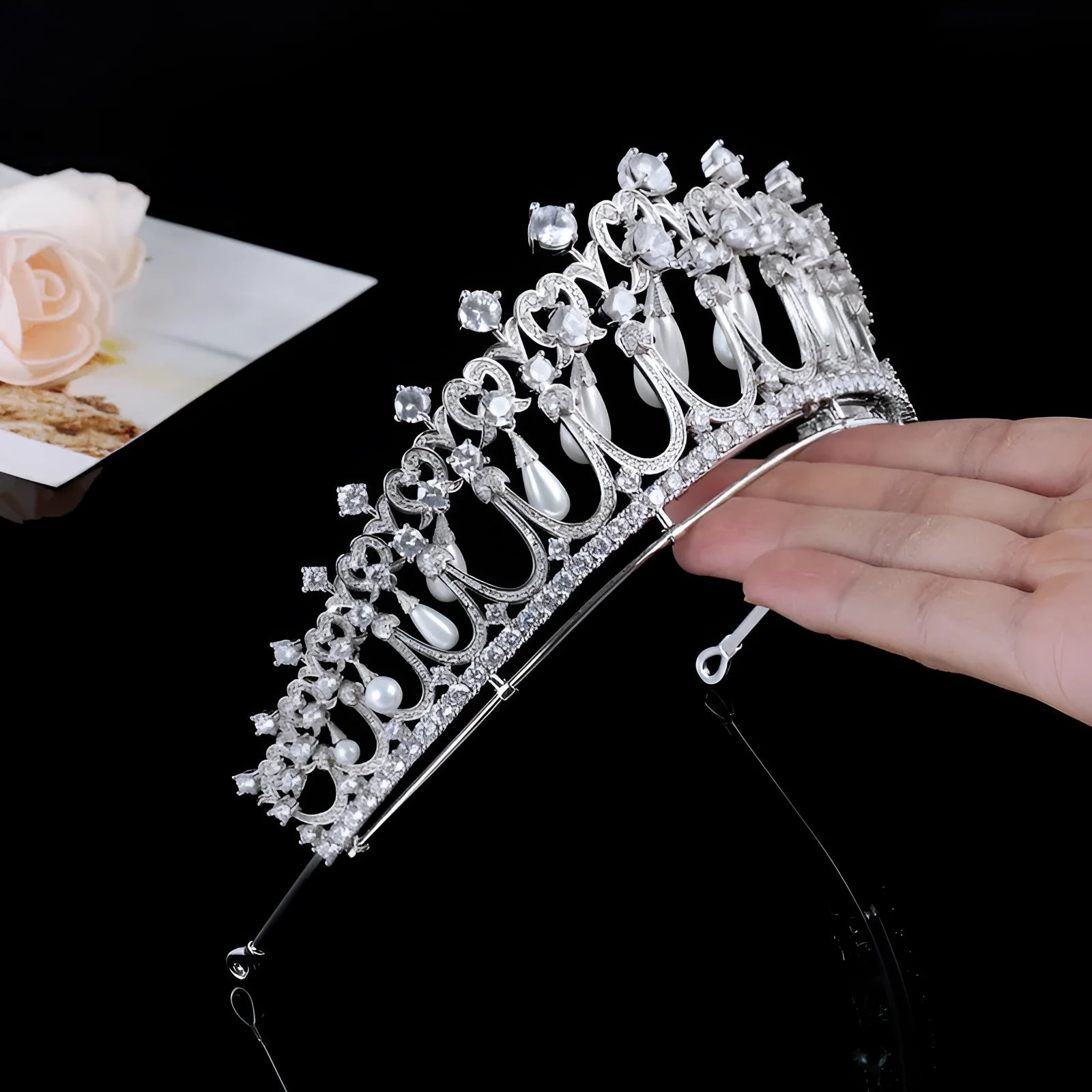 Silver bridal wedding tiara with AAA zircon and pearl tears on white background