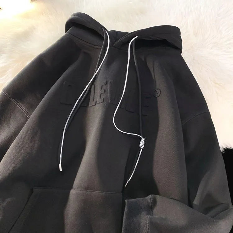 Men's hooded hoodie in American-style loose fit, polyester long sleeve top in black