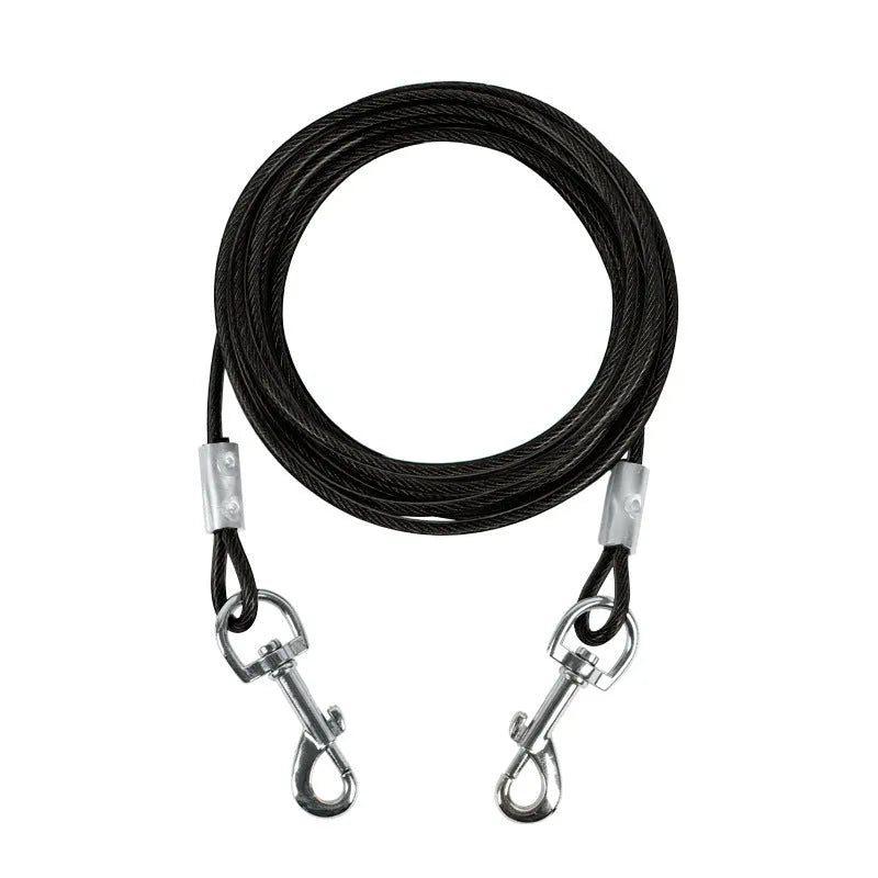 Double-headed dog leash with hand holding rope and steel wire iron chain in blue