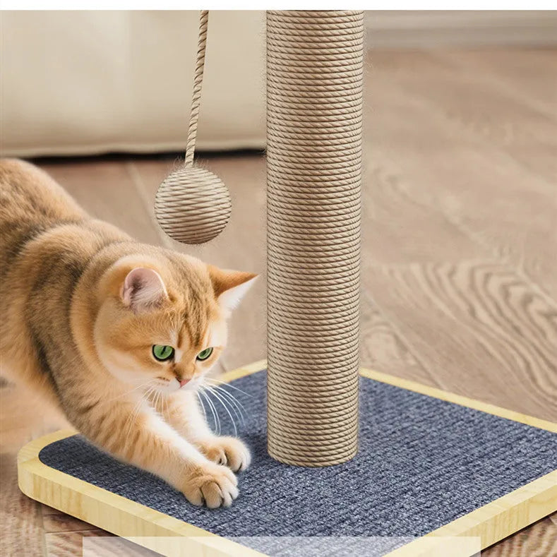 A 62cm tall pine wood cat climbing frame with carpet leather scratching posts, platforms, and a red windmill hanging ball toy.
