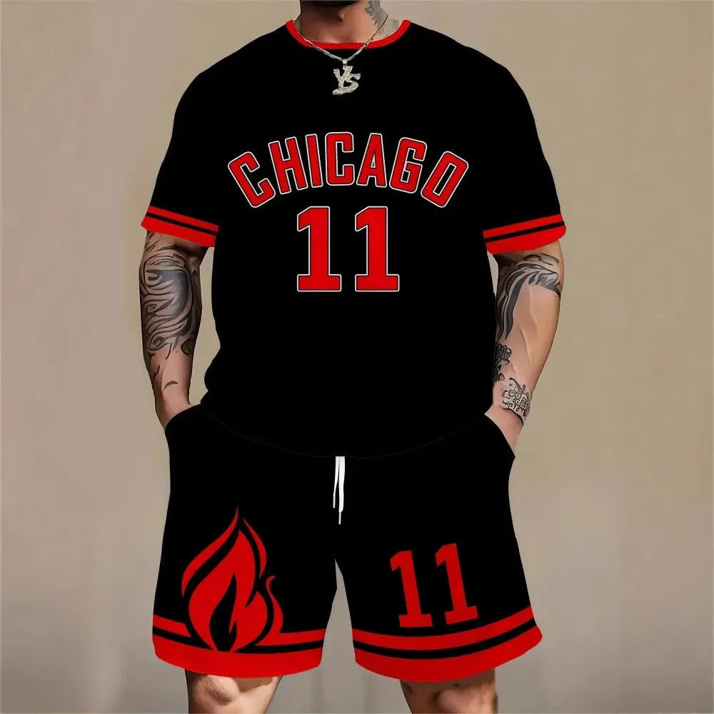 Men's 3D printed letter design polyester sports suit set with short sleeves and shorts.