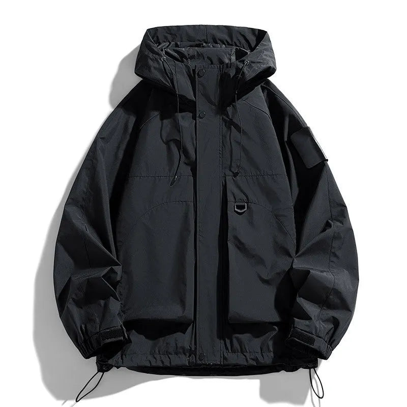 Men's hooded waterproof windproof jacket in black, ginger yellow, or purple, available in multiple sizes.