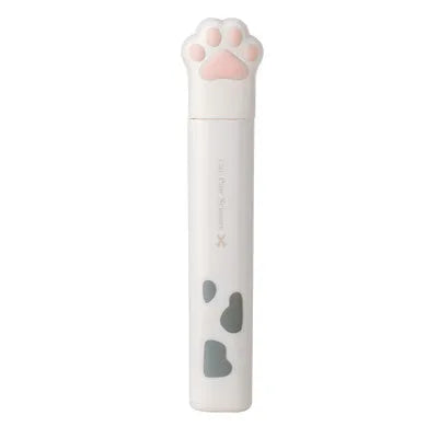 A folded cat paw design scissors in blue, showing compact size and pen-type mechanism.